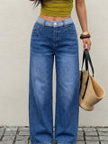 Femmes Contraste Waistband Haute Denim Jeans Denim Moyen Bleu Loose Large Leg Soft Laved Cas