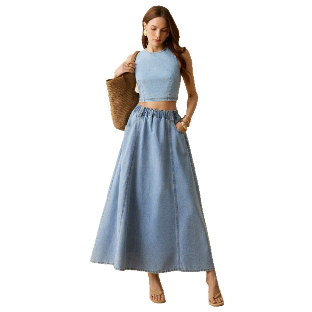Jupe de denim décontractée lavée par les femmes avec la taille élastique et l'ourlet