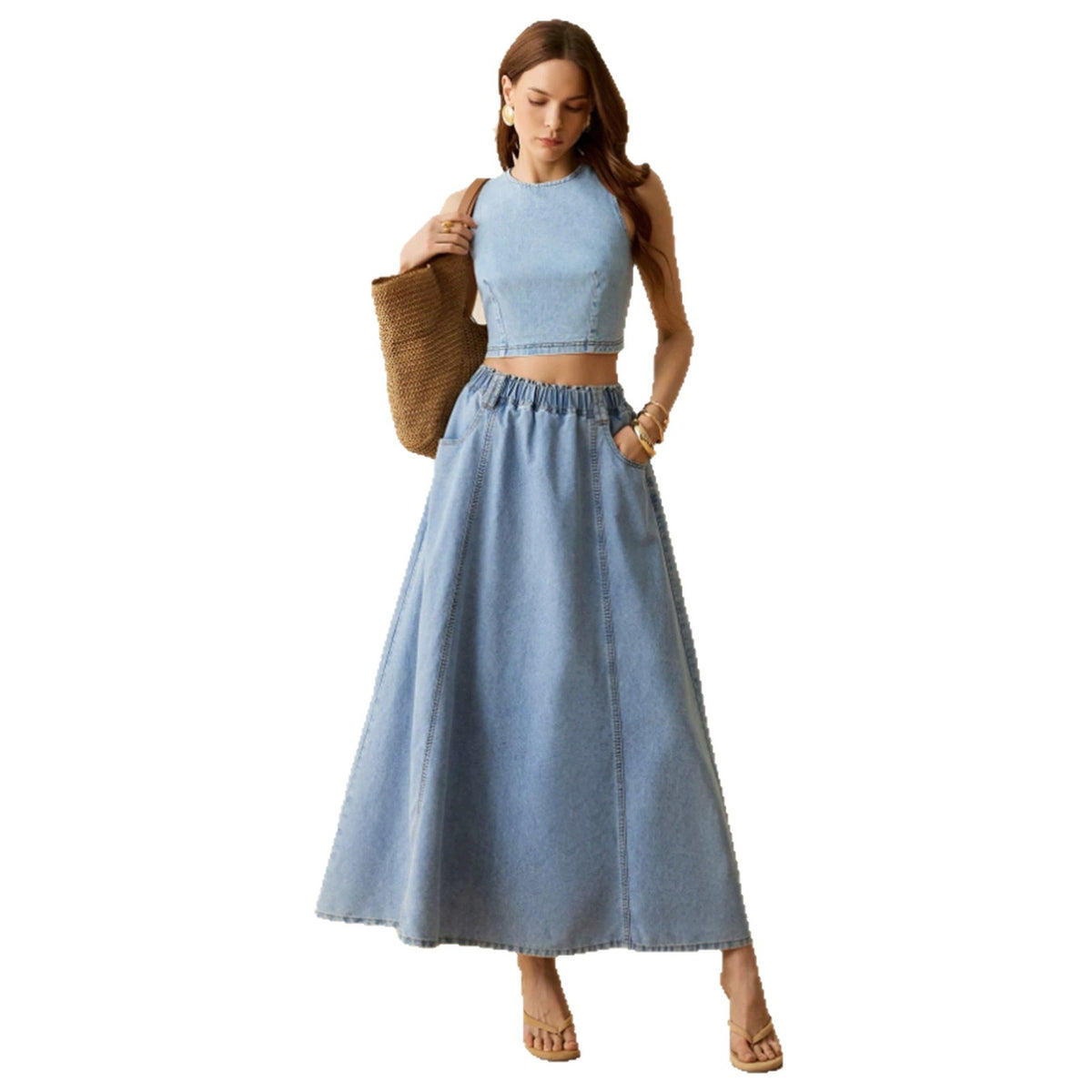 Jupe de denim décontractée lavée par les femmes avec la taille élastique et l'ourlet
