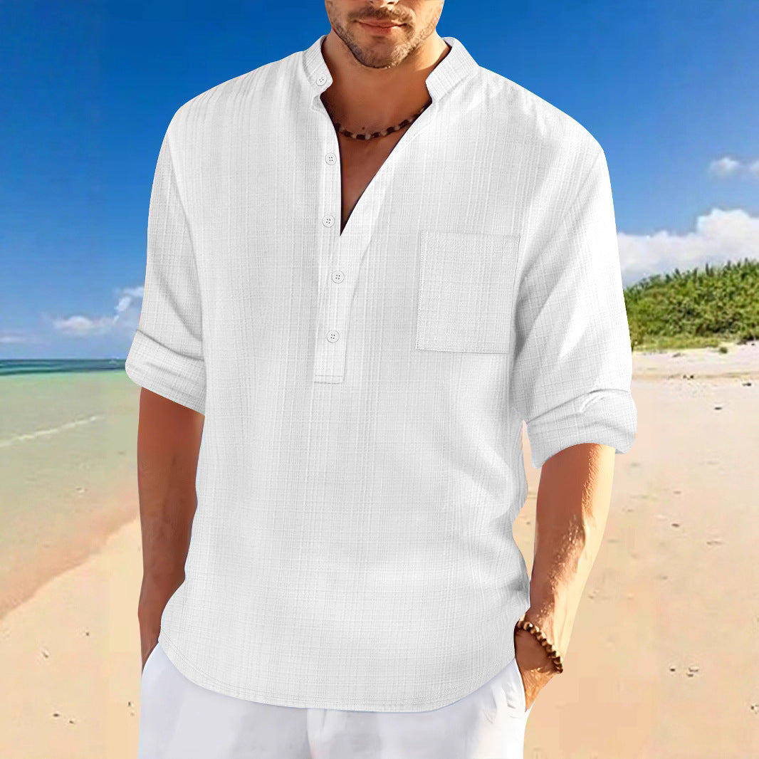 Homme Arrivée Stand-Collar Bamboo-Blend Loose-Fit chemise à manches longues