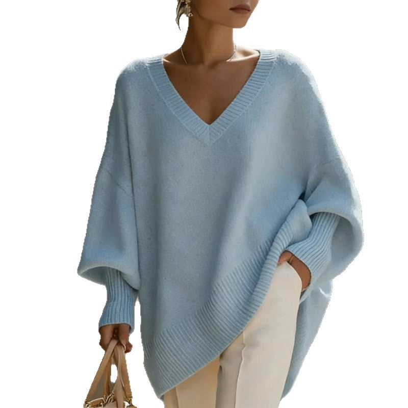 Femmes Solide-colore à la mode pull-fitting avec manches de puff et un col en V