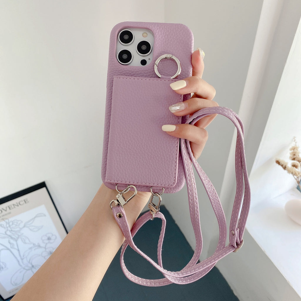 Motif Lychee Gauche et Droite Ouvert Miroir Beauté Étui de téléphone Lanyard
