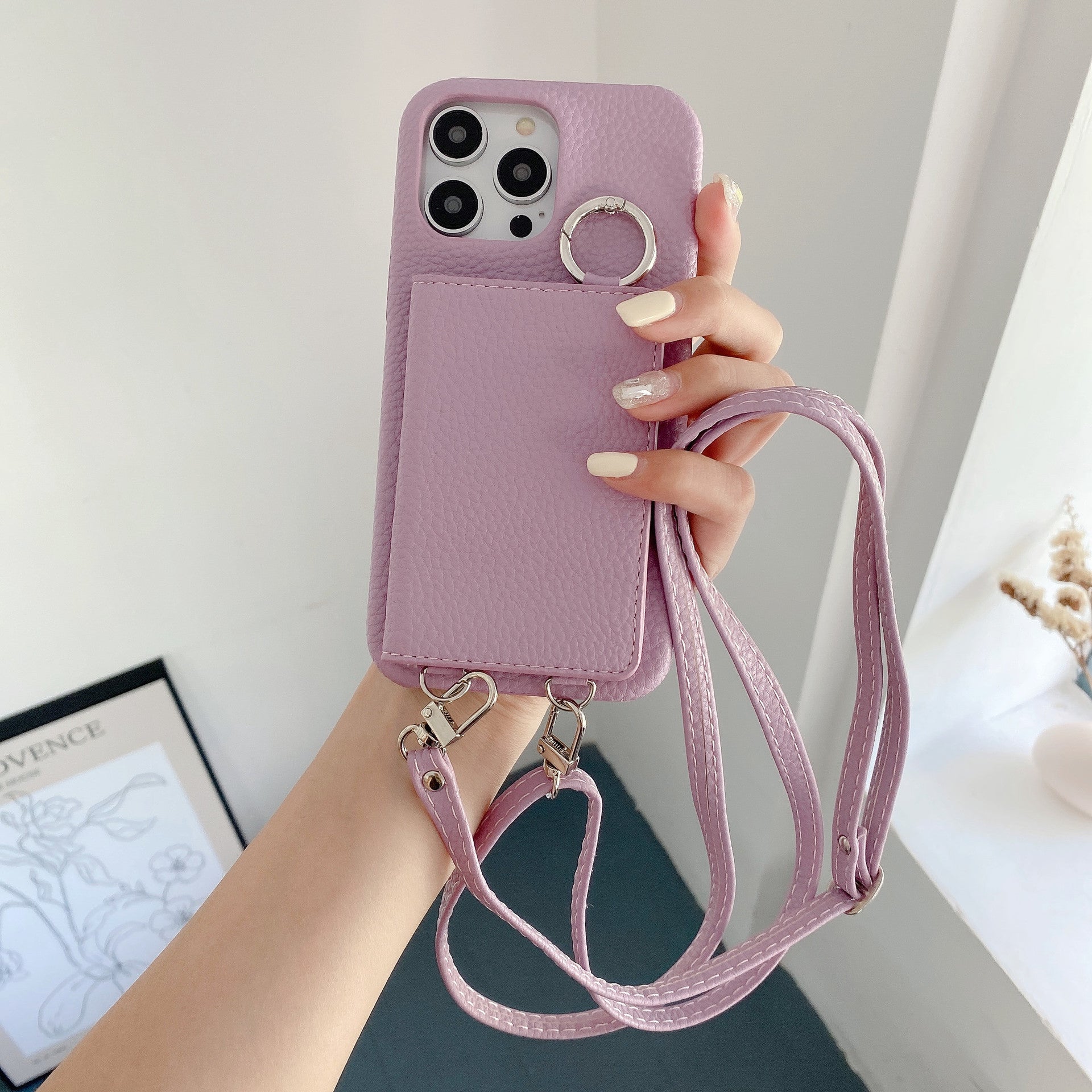 Motif Lychee Gauche et Droite Ouvert Miroir Beauté Étui de téléphone Lanyard