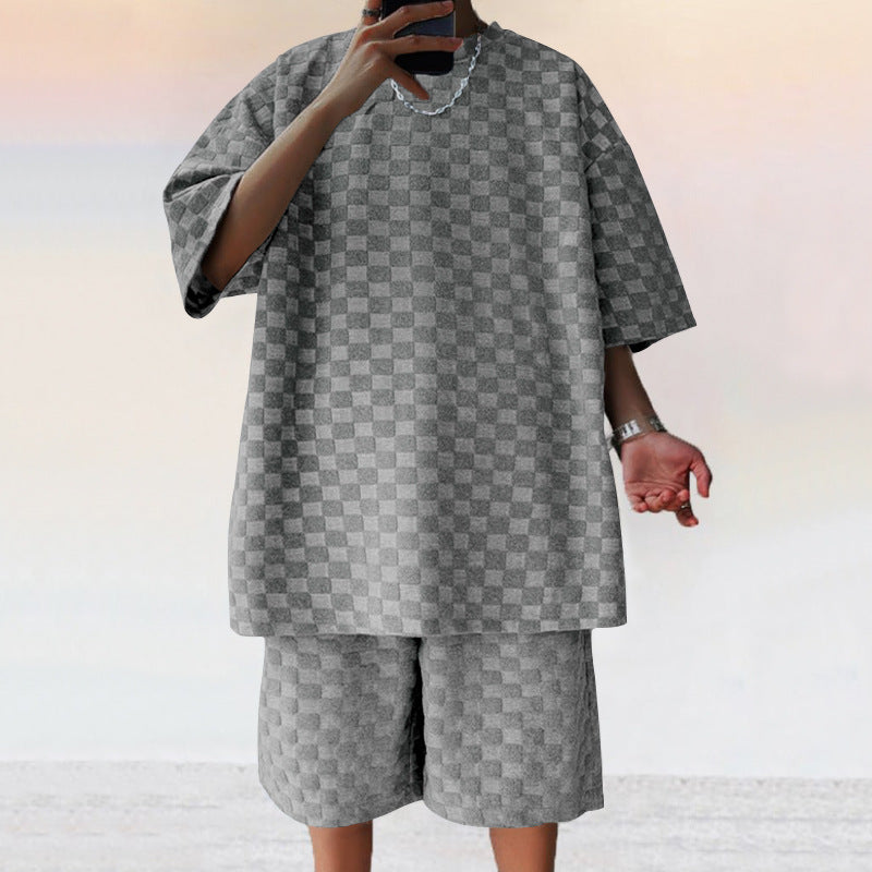 Jacquard Plaid Loose Straight Casual Short Suit