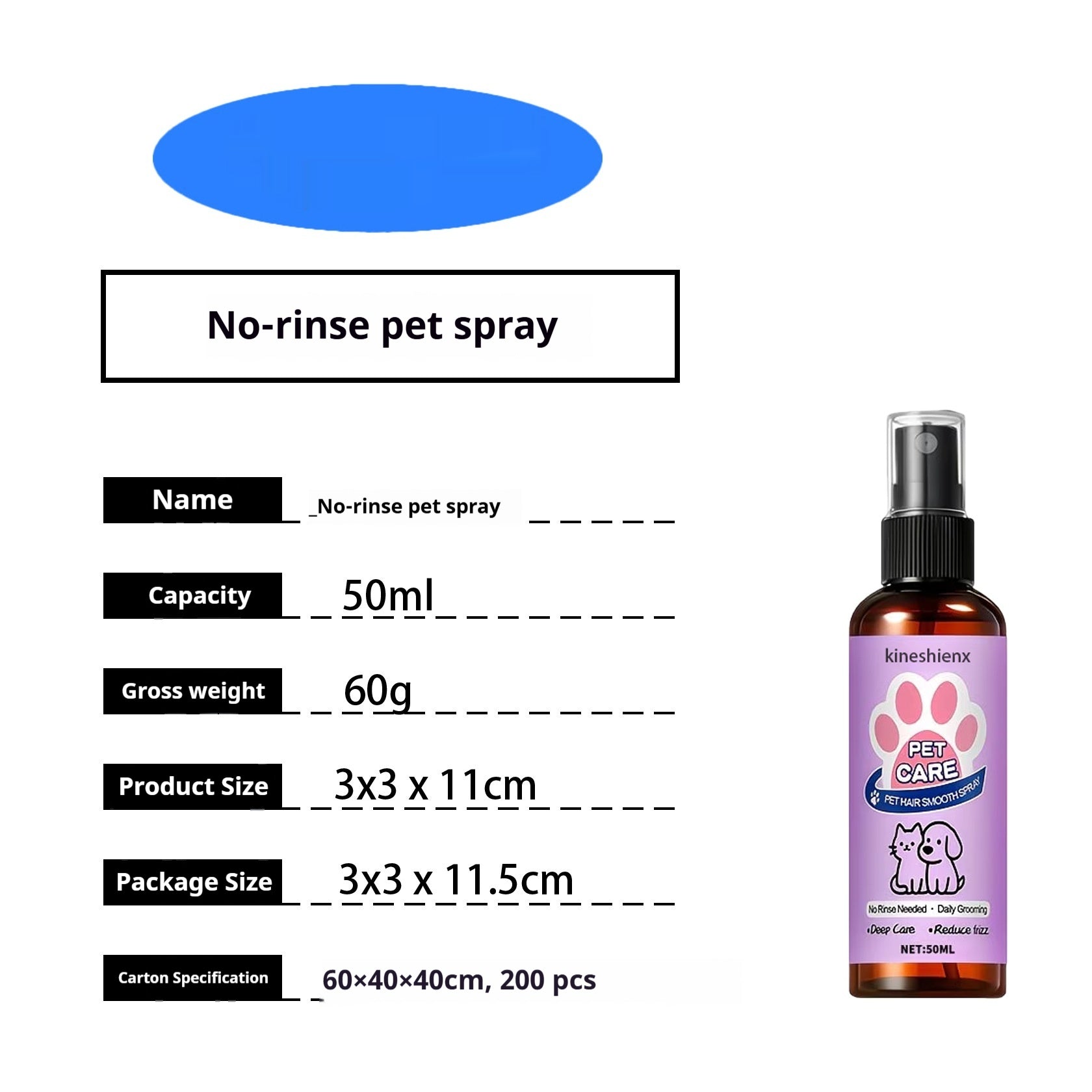 Vaporisateur antistatique pour assouplir les cheveux des chats et des chiens