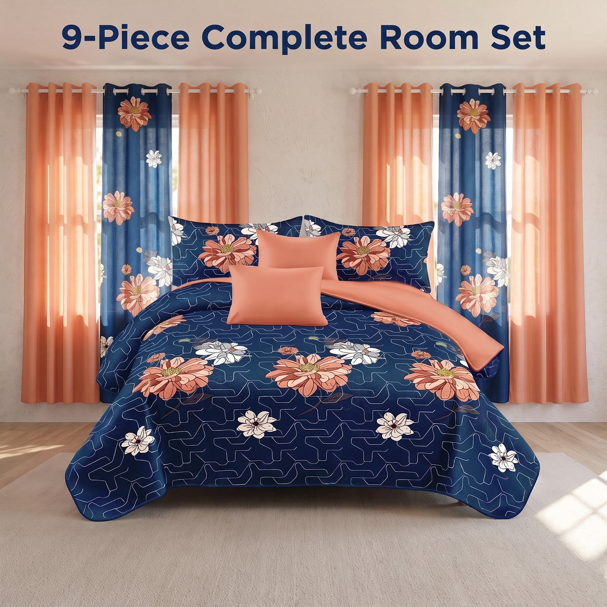 Couche de lit et rideau 9 piece bleu profond et rouge Floral