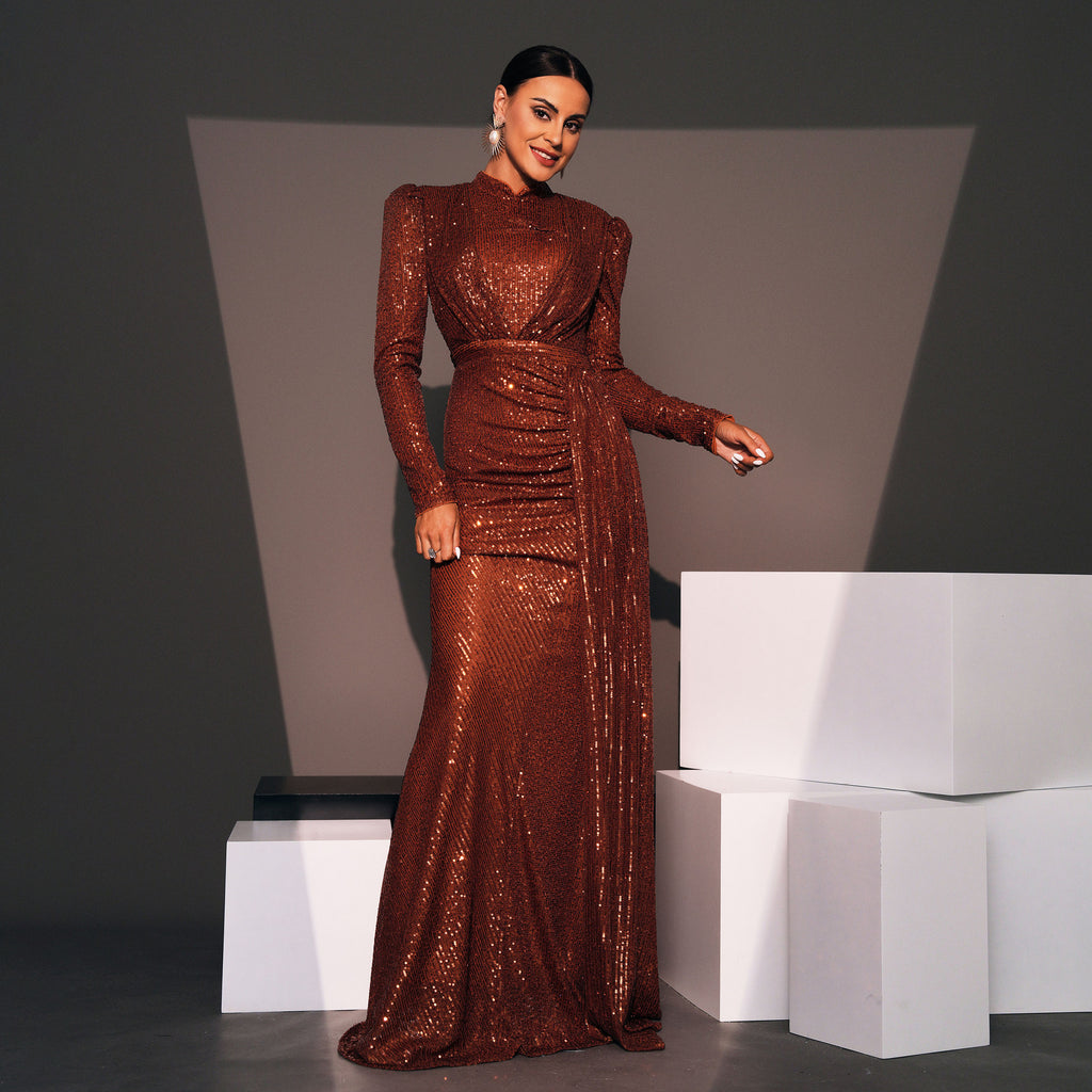 Manches longues Col rond Sexy Slim Robe de banquet longue pailletée