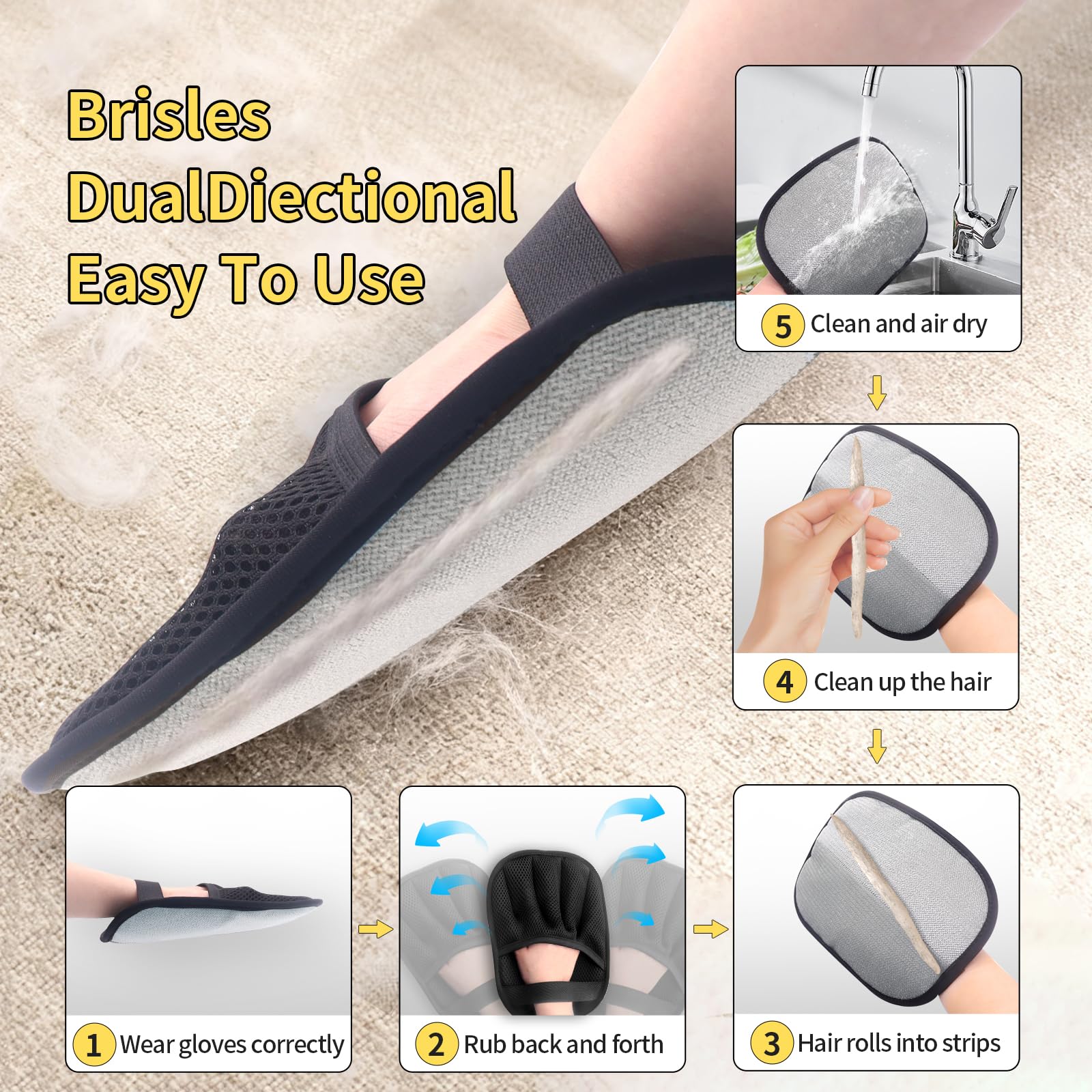 Gants d'enlèvement de cheveux pour animaux de compagnie améliorés avec poignet élastique Snug - Electrostatique Reusa cinq doigts