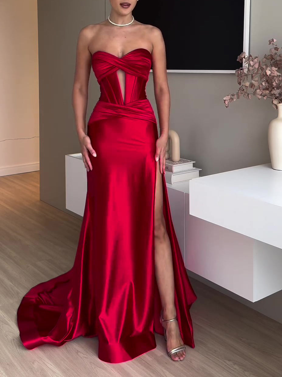 Top tube rouge fente robe de soirée extra longue