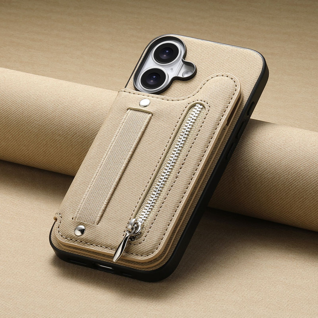 Etui de téléphone en cuir avec support et fermeture éclair