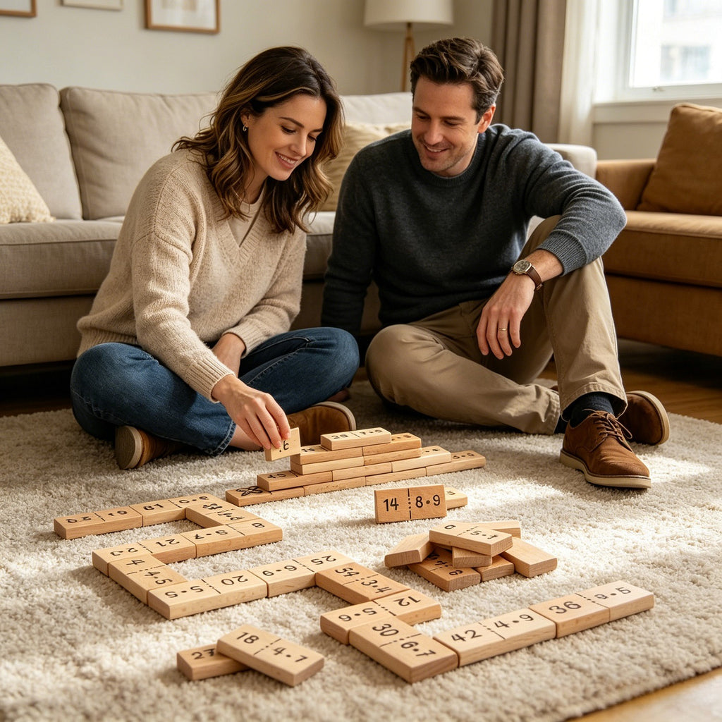 37 dominos de mathématiques en bois avec une poche de coton pour les jeux éducatifs et la pratique des mathématiques—Party