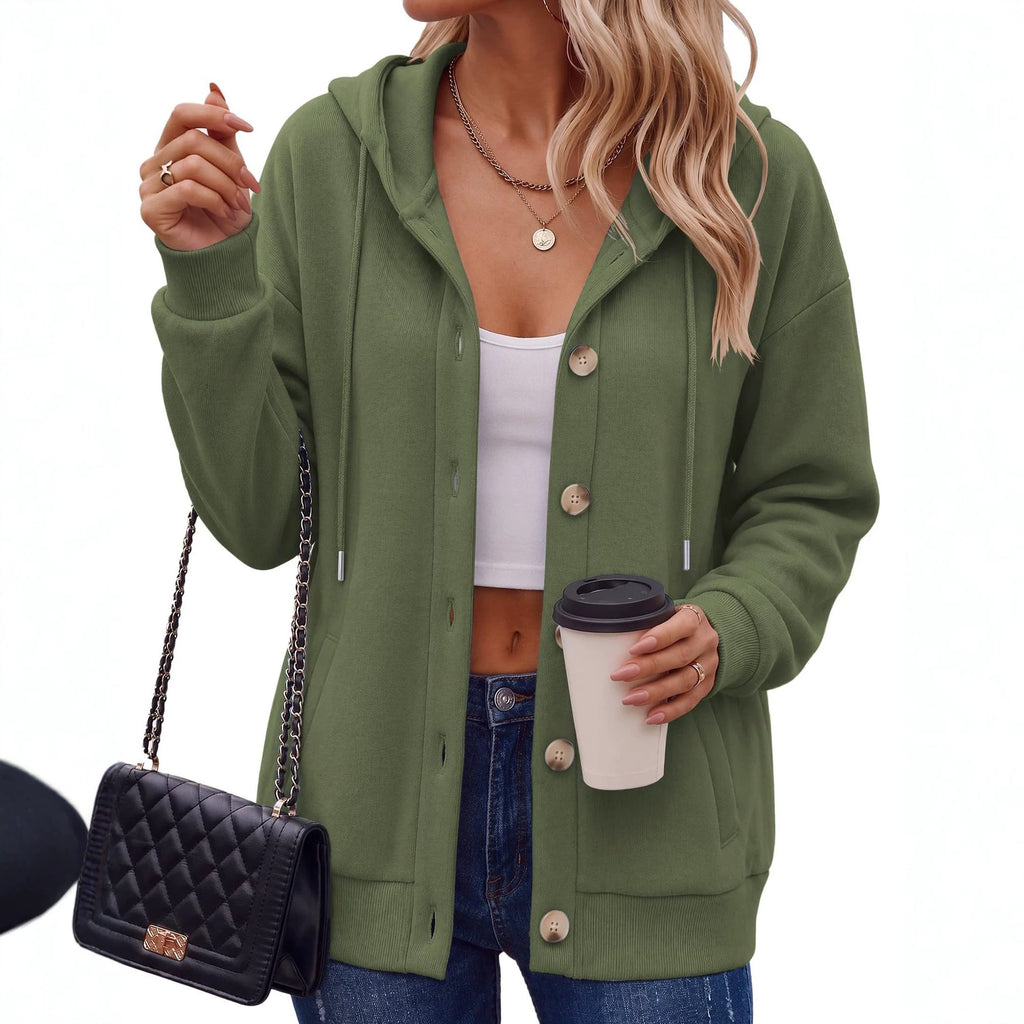 Veste polyvalente de couleur solide bouton-up manteau à capuche casual femmes