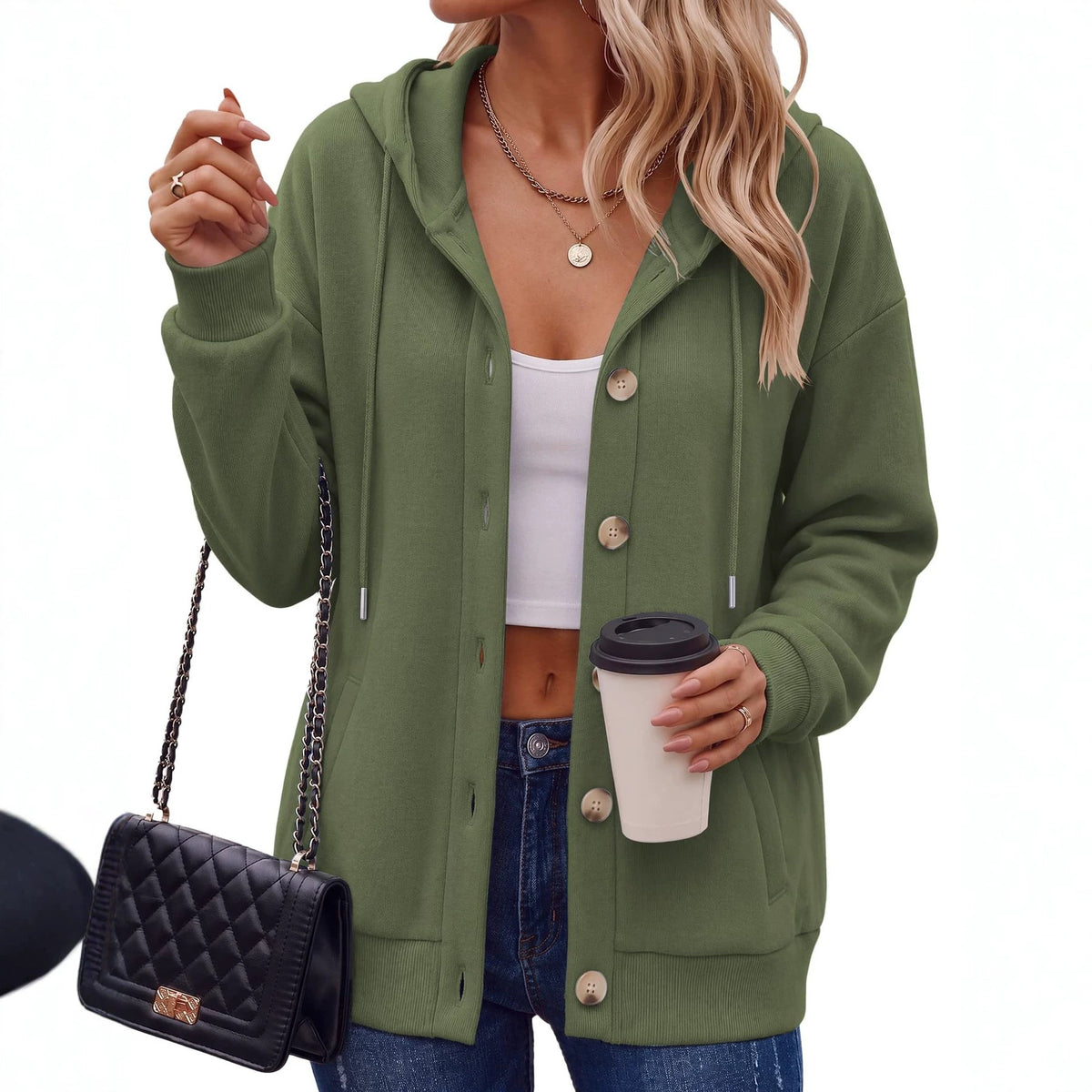 Veste polyvalente de couleur solide bouton-up manteau à capuche casual femmes