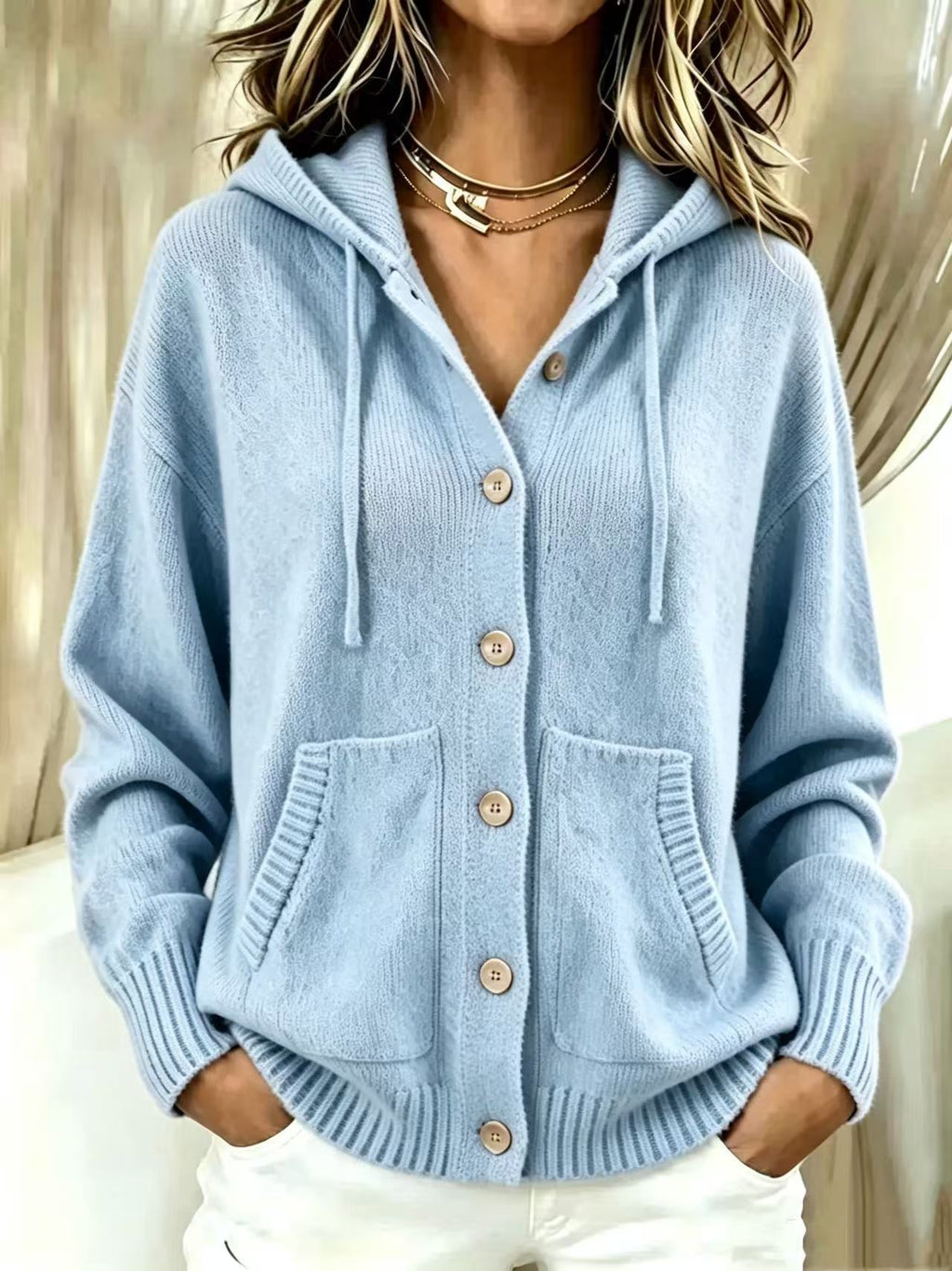 Femmes Automne Hiver Couleur solide à capuche Zip-Up Knitted Cardigan