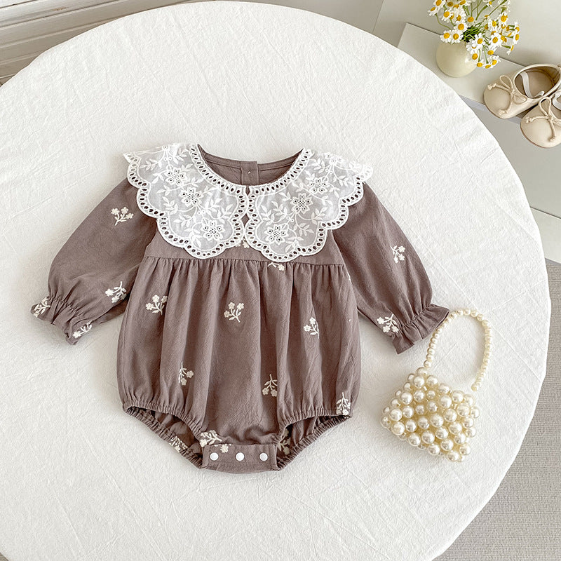 Girls' Lace Romper with Long Sleeves and Embroidery