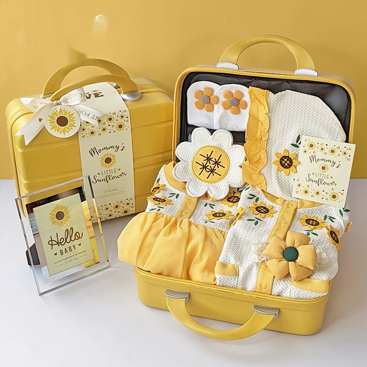 Ensemble cadeau bébé pour les nouvelles-nées avec une robe de tournesol jaune
