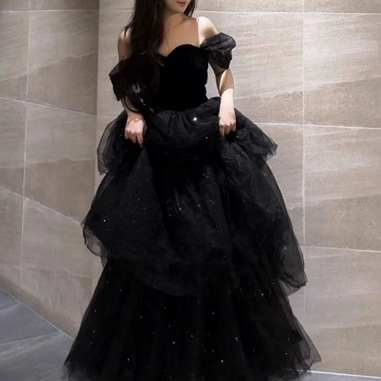 Robe de soirée noire Léger Luxury Minority style français Pettiskirt