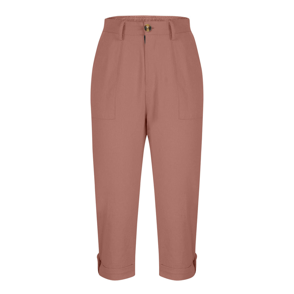 Vêtements de travail en couleur solide pour femmes Pantalons taille bouton Pantalons oreille Design Pantalons de jambes courbés pour femmes