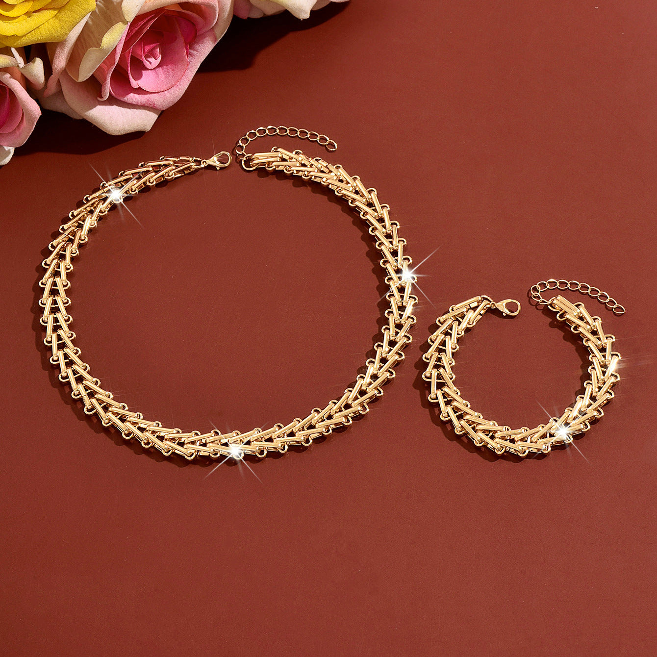 Collier et bracelet en métal tissé à double face