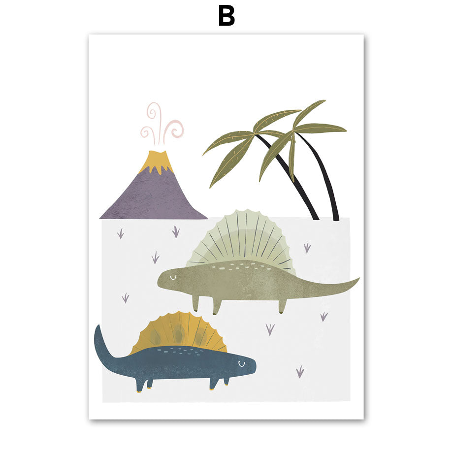 Cute Cartoon Dinosaur Palm Tree Mountain Sun Affiche scandinave et papier toile d'art murale