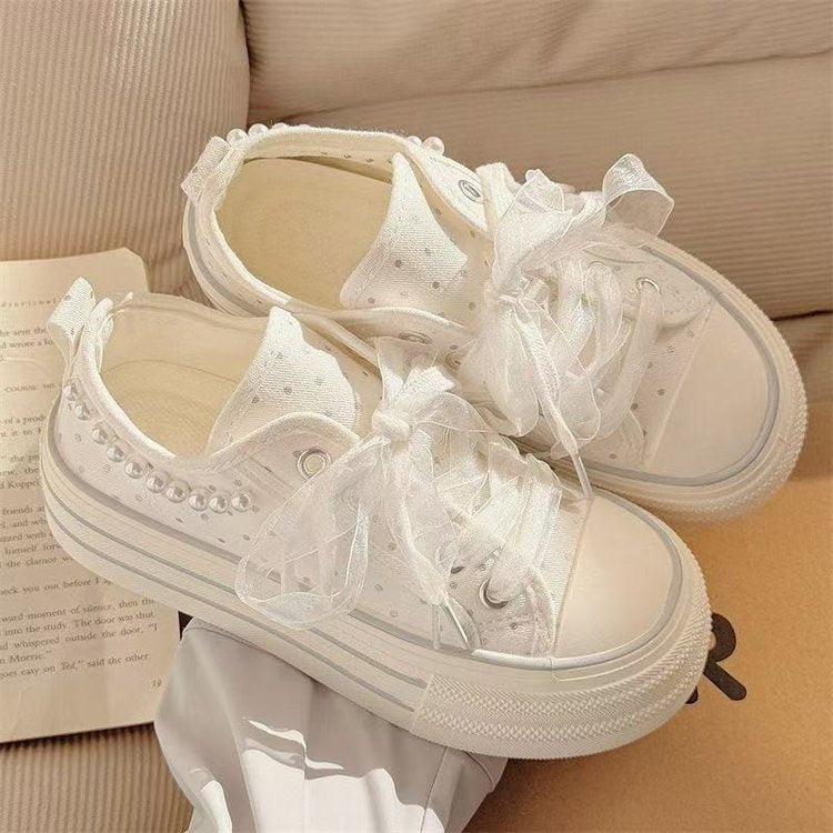 Femmes Plateforme sans arrière Mule Toile Sneakers Polka Dot Respirant Perle supérieure embellisée