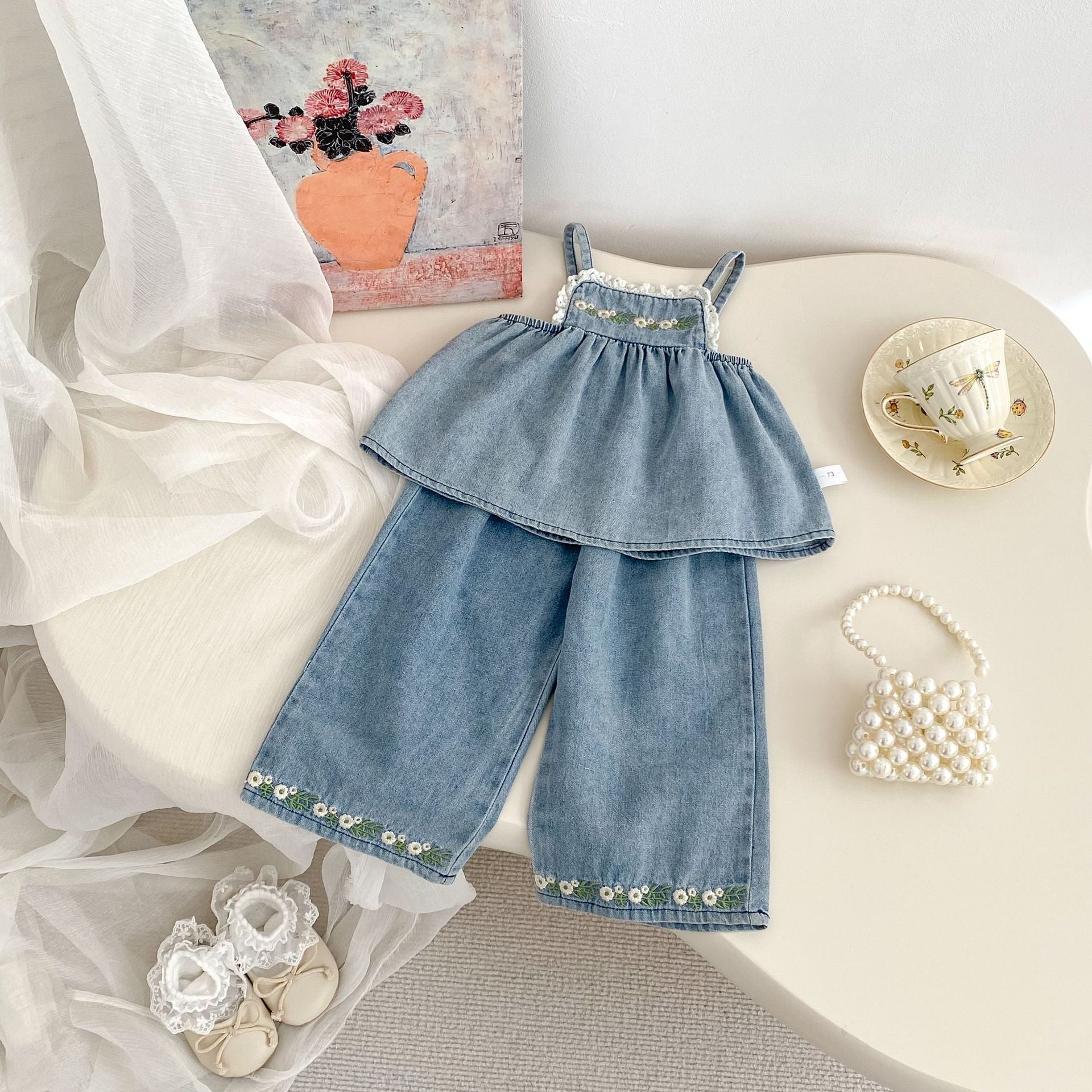 Camisole brodée et pantalons à large jambe Ensemble deux pièces pour filles
