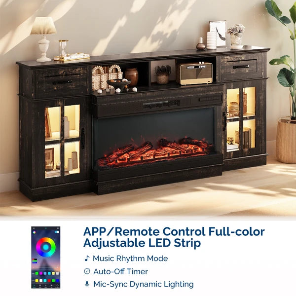 70 pouces Black Gold Oak Électrique Cheminée TV Stand - 2 portes en verre treillis