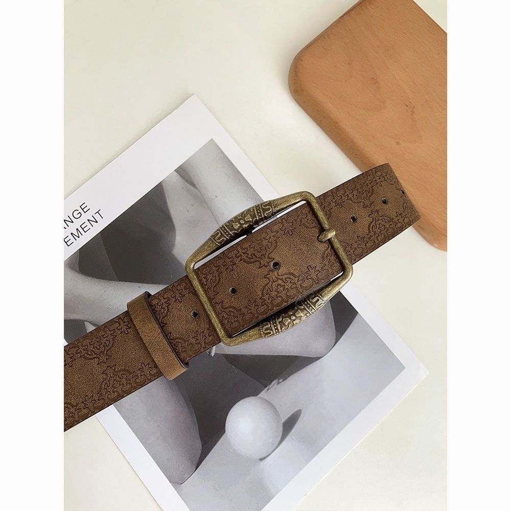 Ceinture en cuir embossée vintage de style américain avec boucle en bronze