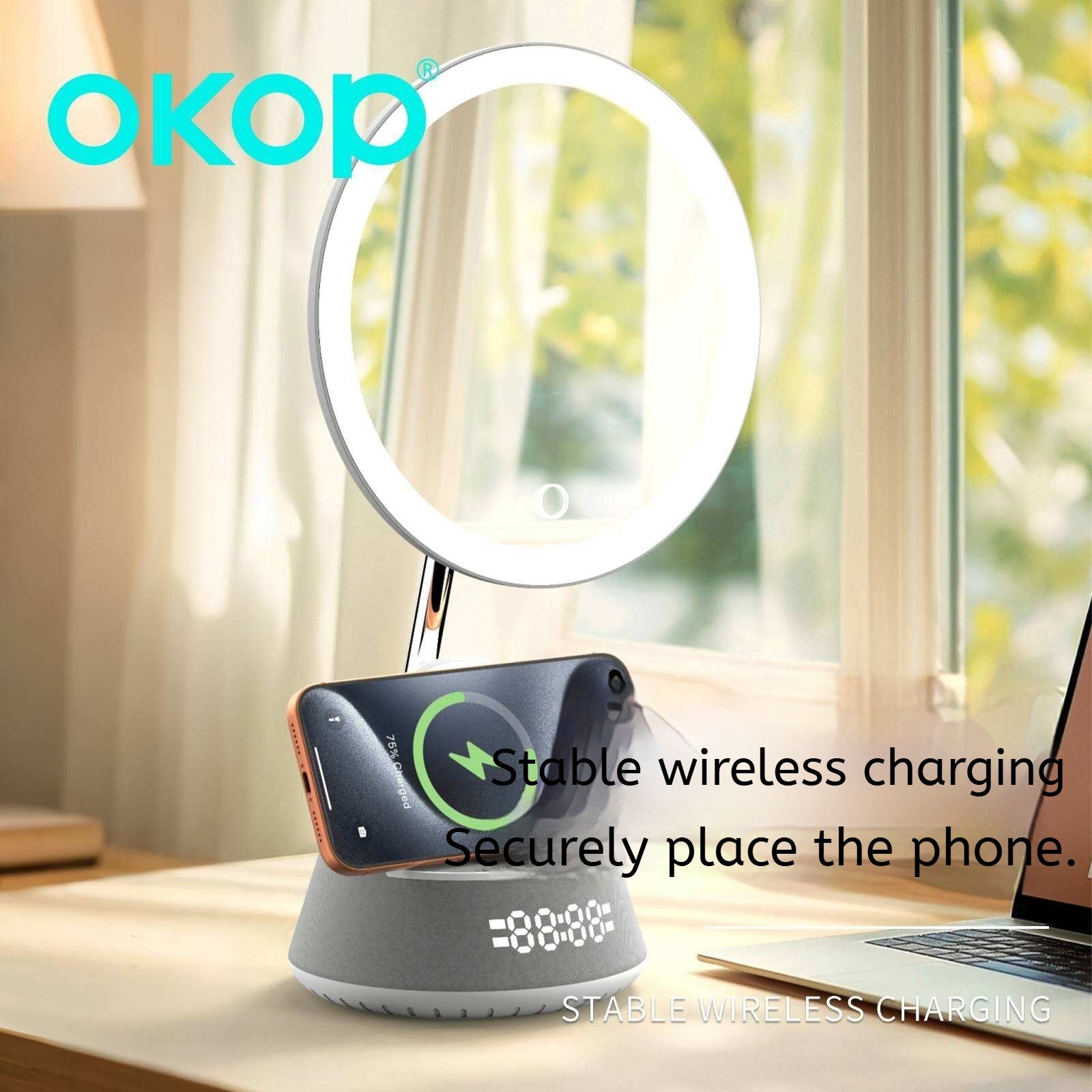 KP-856 Smart Magnetic Makeup Mirror avec charge sans fil et éclairage de remplissage Outp