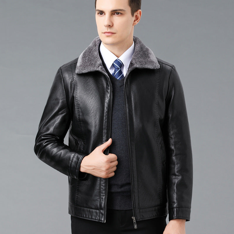 Véritable manteau en cuir et fourrure d'une seule pièce avec un lapel doublé de polaire pour plus de chaleur