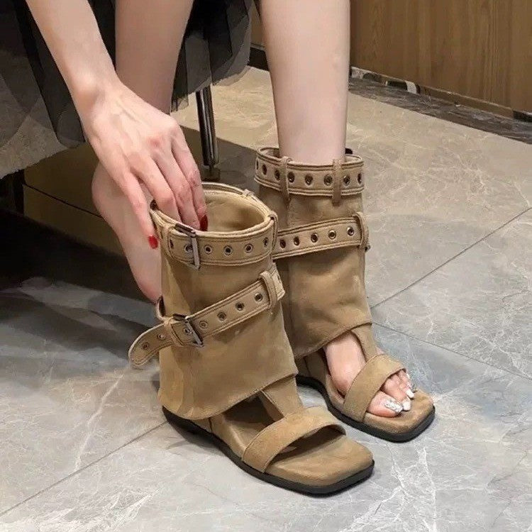 Femmes Vintage Western Y2K Plier sur Flared Suede Sandales de boot Mid Calf Matching Casual Dai