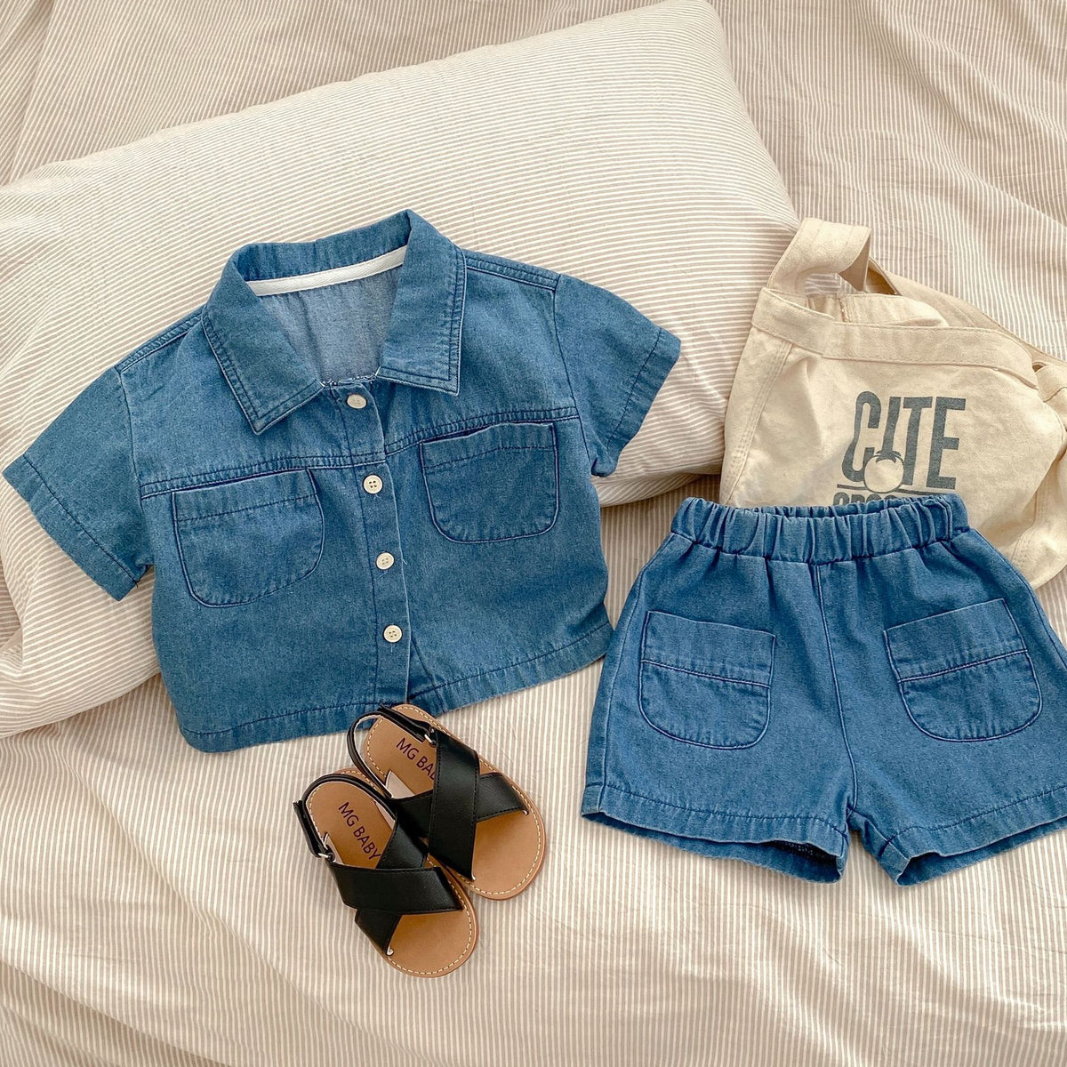 Denim Short Sleeve Pocket Top Boy shorts Baby Boy Suit