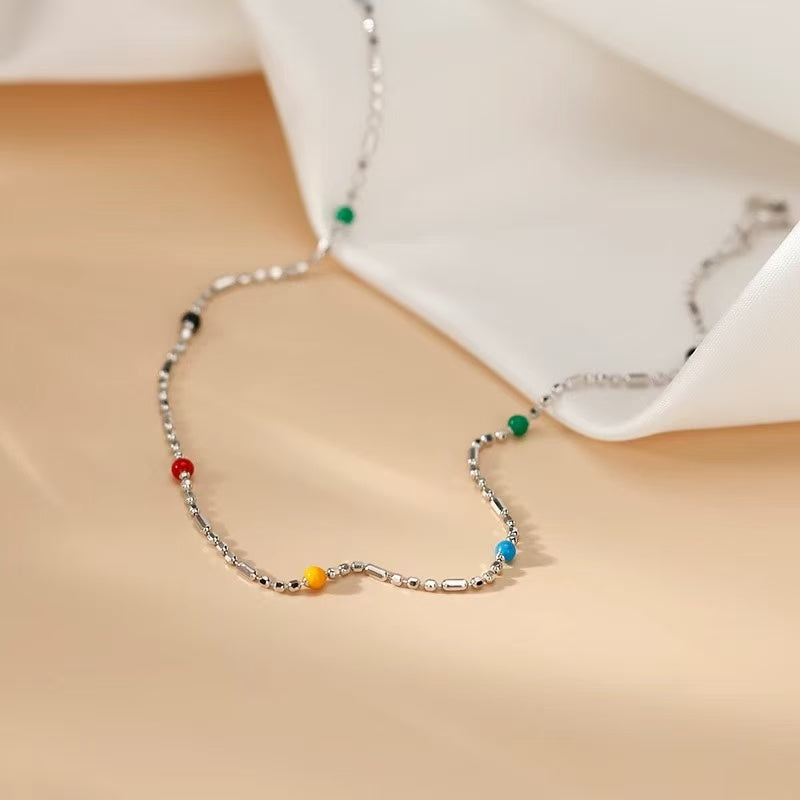 1pcs 999 Argent Sterling Perles mélangées Couleur Anklet Émail