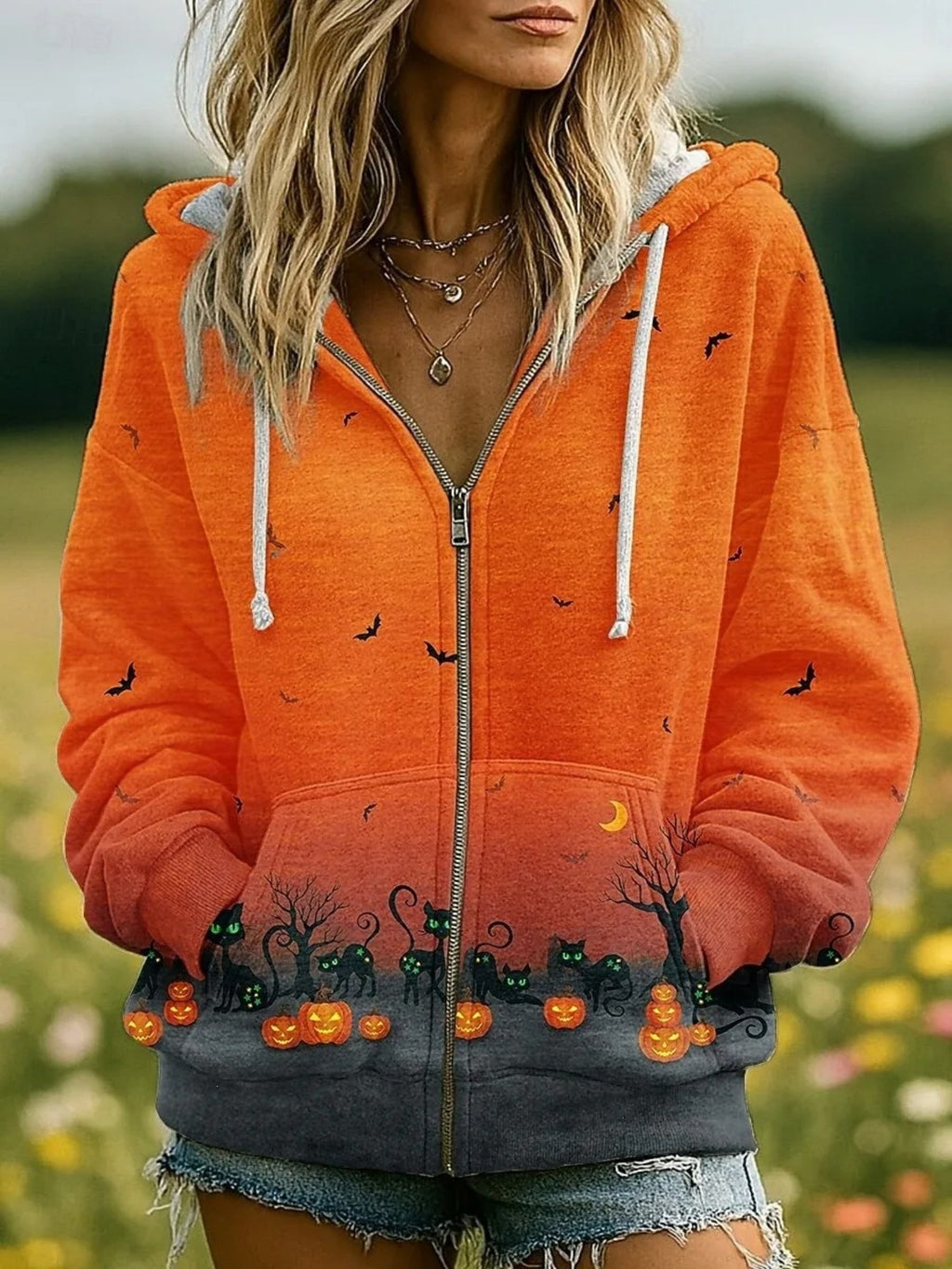 European And American Style Halloween à capuche Cardigan Femme Top Creative Skull Floral Wi