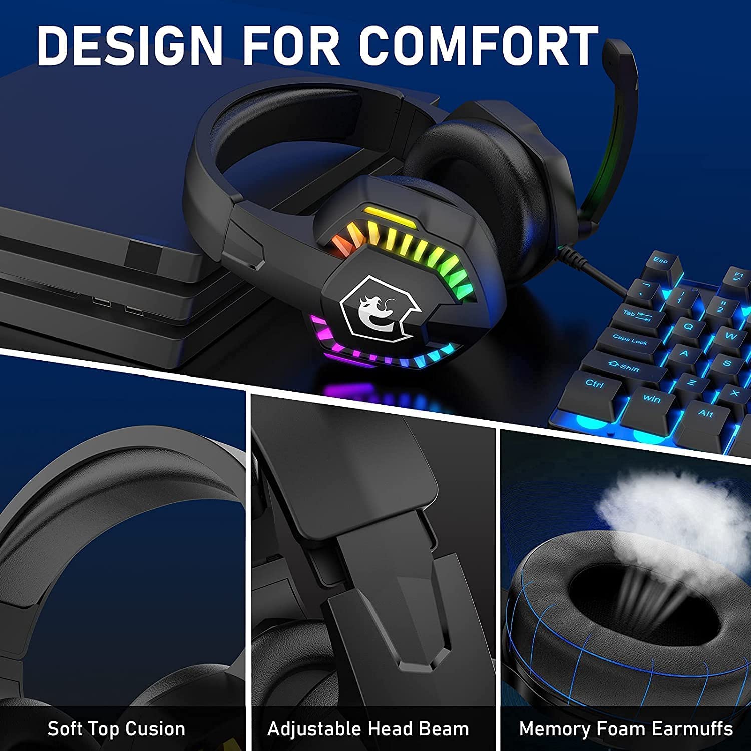 Casque de jeu filaire avec rétroéclairage Rainbow RGB son stéréo rétractable pour PS4