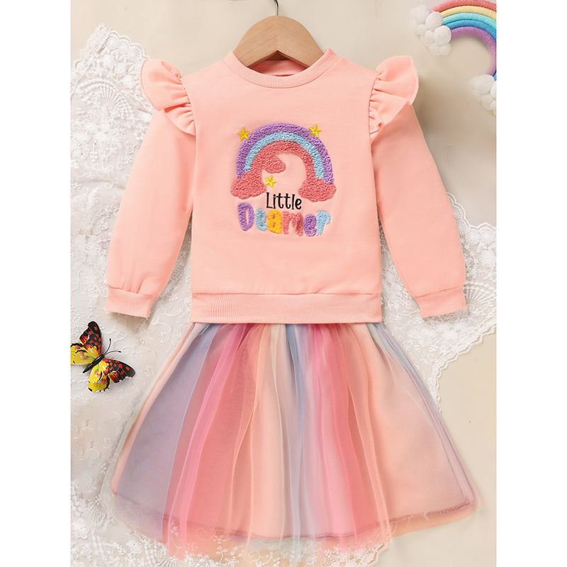 Bébé Filles Jeu de jupe arc-en-ciel Lettres Broderie Sweatshirt à manches longues Tops & Rainbow Tutu