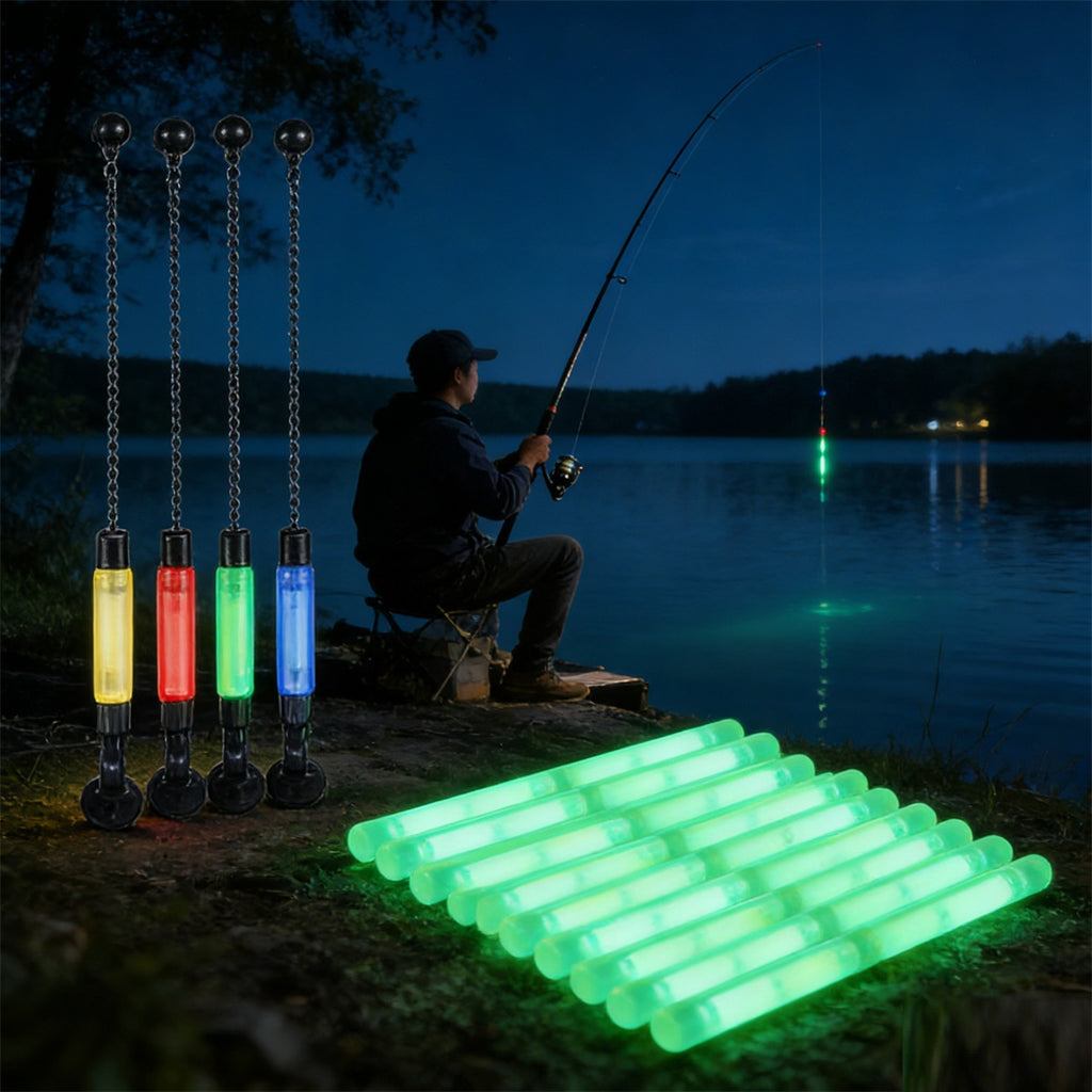 Ensemble de pêche de nuit avec 4 flots d'échangistes en bleu