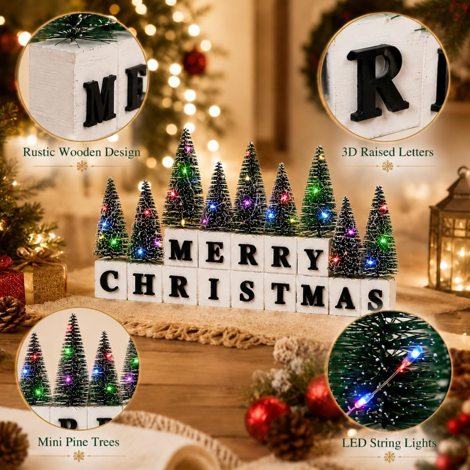Décor de table de Noël avec mini arbres lumineux multicolores et lettres 3D en bois Noël S