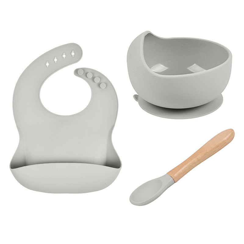 Baby Tableware Solid Food Bowl Silicone Bib Spoon en bois Ensemble de trois pièces