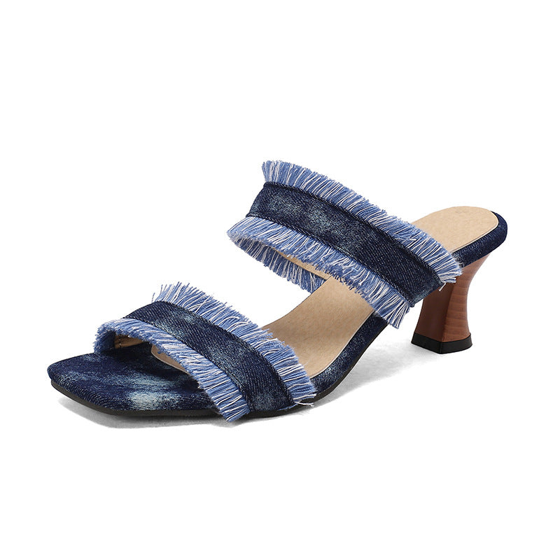 Pantoufles extérieures en Denim Mid-Heel à la mode