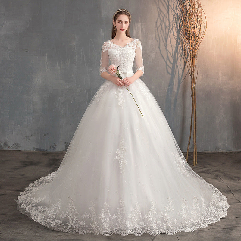 Robe de mariée Trailing Deep V Col Dentelle Haute Robe de mariée à manches longues