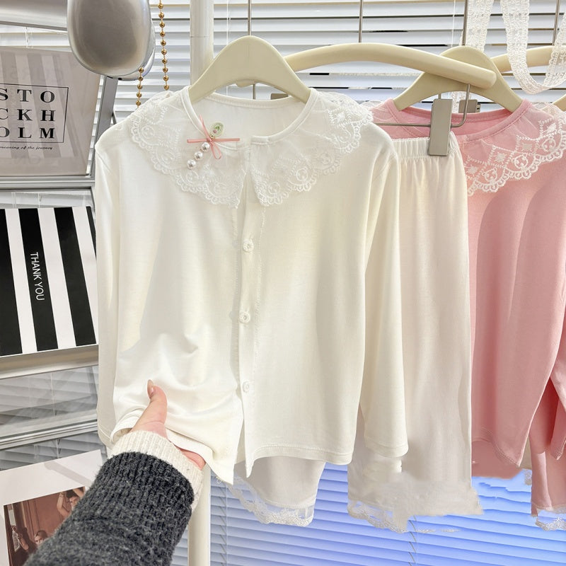 Fille's SpringSummer Cardigan Modal Collier de dentelle longue manches Pajama Set