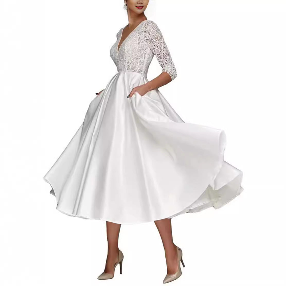 Deep V-neck thin lace wedding dress