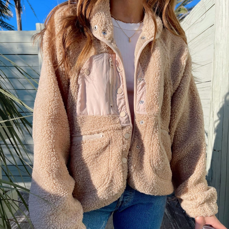 Veste en peluche cardigan courte Laine d'agneau