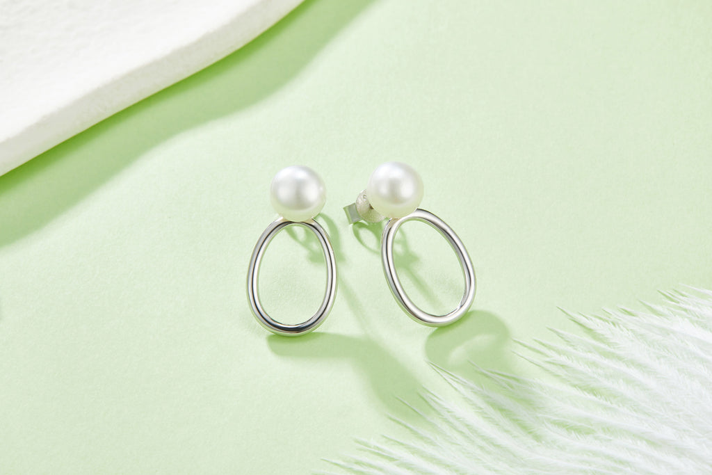 S925 Argent Sterling Boucles d'oreilles en perles d'eau douce naturelles Minimalist Hollow Oval Ring Design