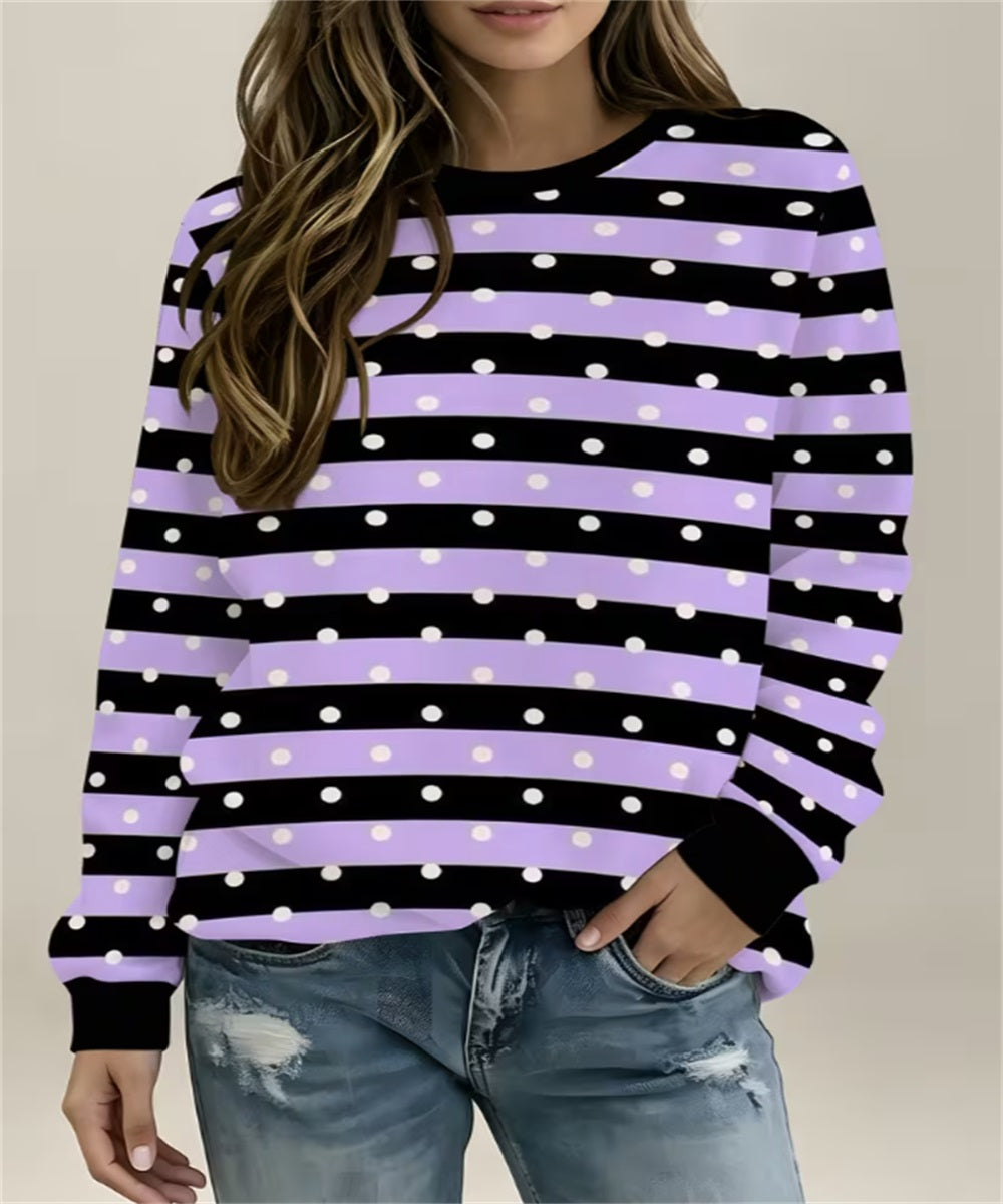 Pink Black Stripe & White Polka Dot Imprimer Sweat-shirt en col rond