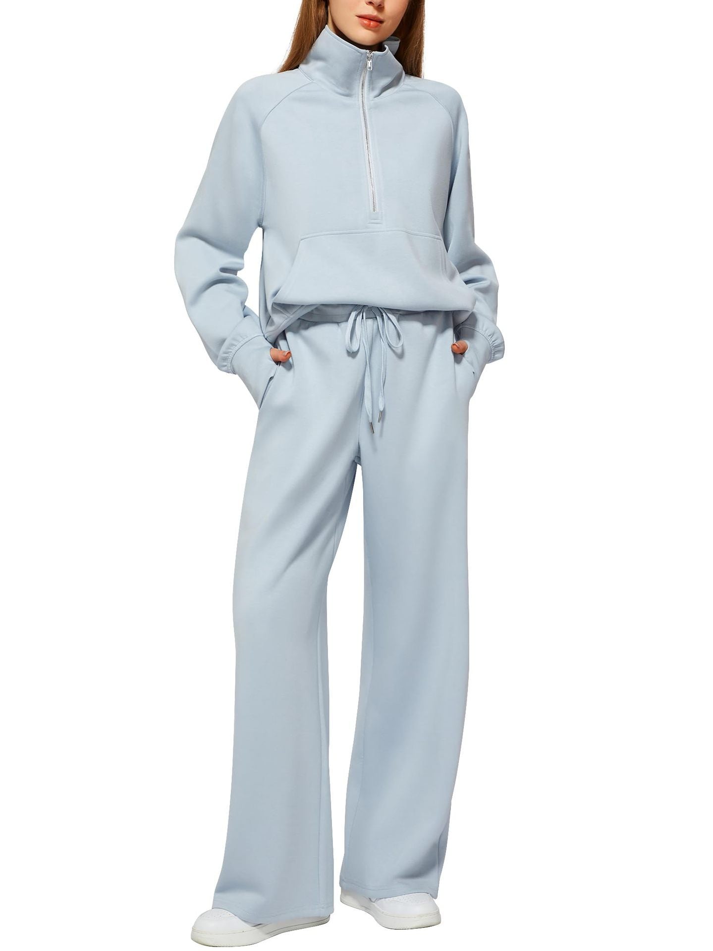 European and American Amazon Women's Two Piece Set Sweatshirt surdimensionné demi-zip Wide-Leg