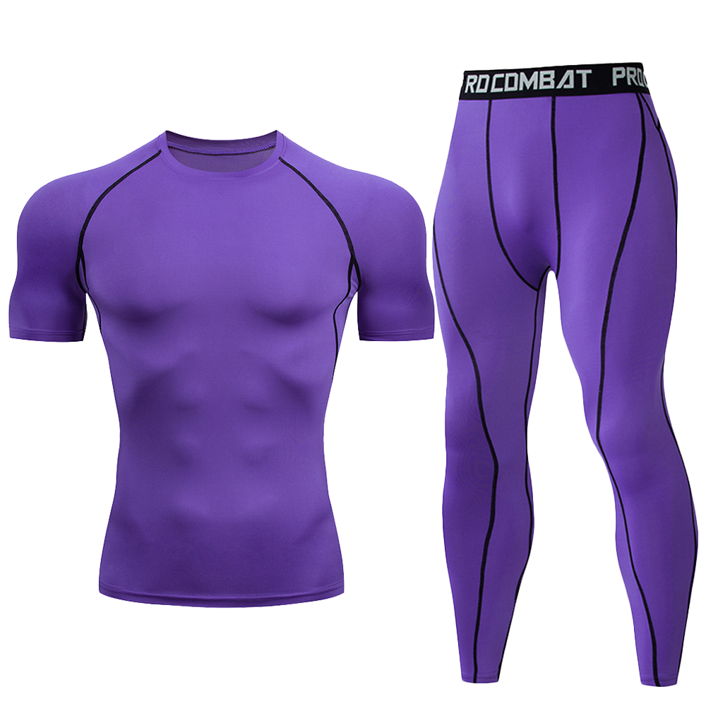 Hommes 2Pcs Fluorescent Green Compression Set Quick Dry Short Sleeve Tight chemise longue legging