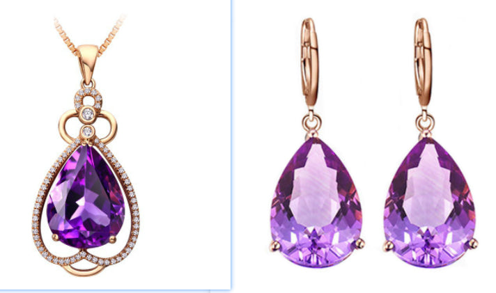 Qualité Crochet d'oreille pourpre Gemstone Diamond Bague Collier Rose Or Collier