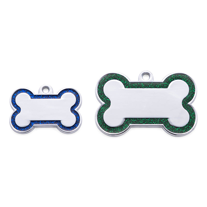 Étiquette anti-perte pour chien en alliage de zinc avec bords en forme d'os et poudre métallique scintillante